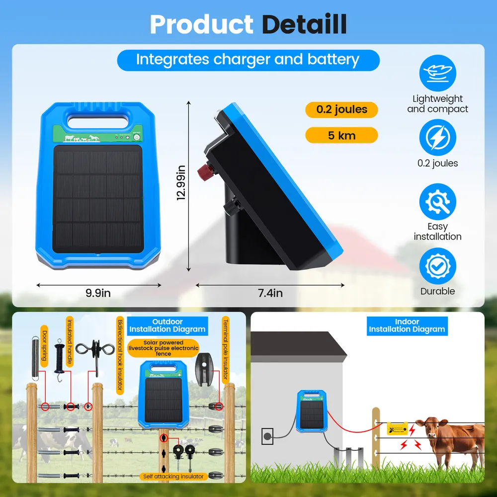 Chargeur solaire 5 km, IP65, panneau 10 W pour bétail