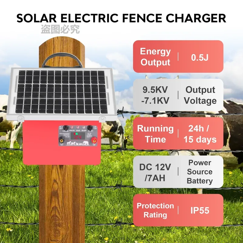 Chargeur solaire clôture électrique 32 km avec affichage batterie