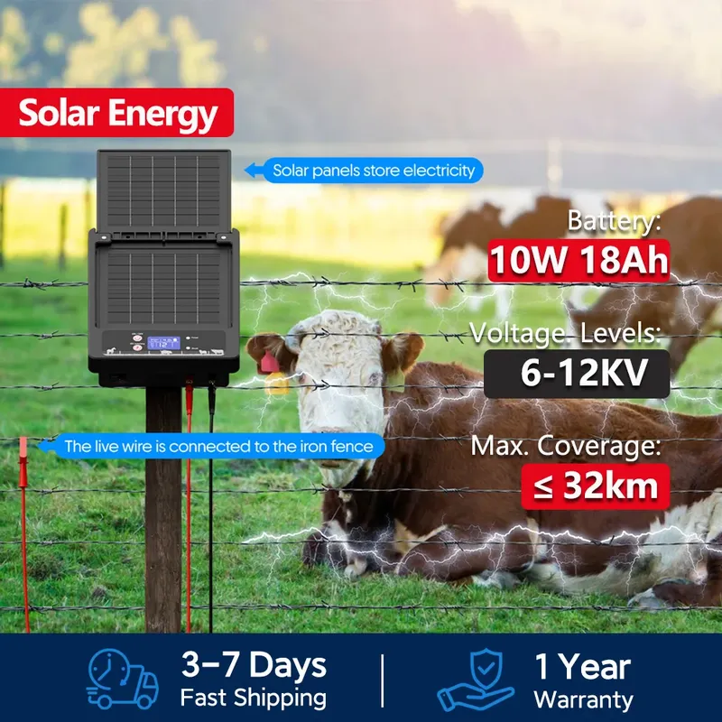 Clôture solaire 32 km, 6 à 12 kV, panneau 10 W, batterie lithium