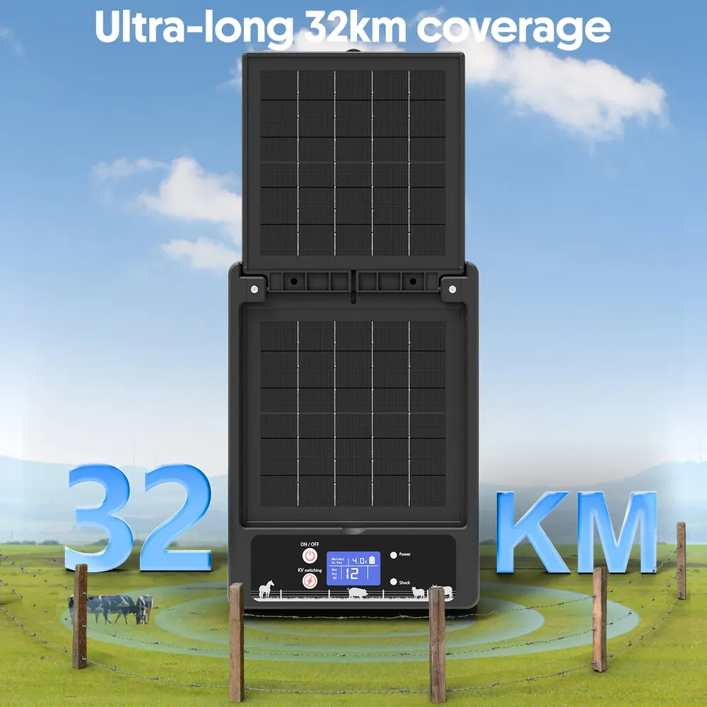 Clôture solaire 32 km, 6 à 12 kV, panneau 10 W, batterie lithium