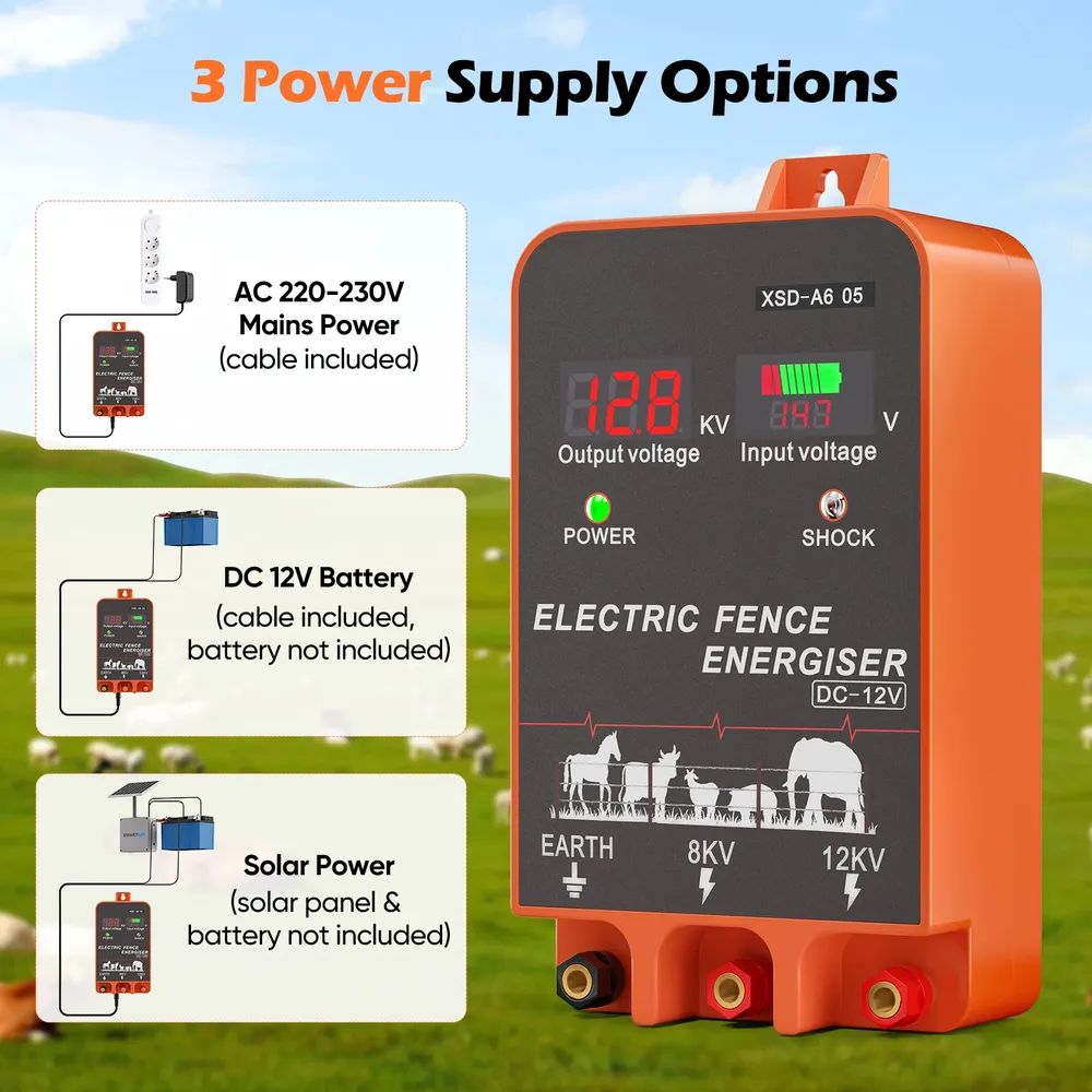 Électrificateur 10 km, 2 J, écran LCD, 12 V pour élevage