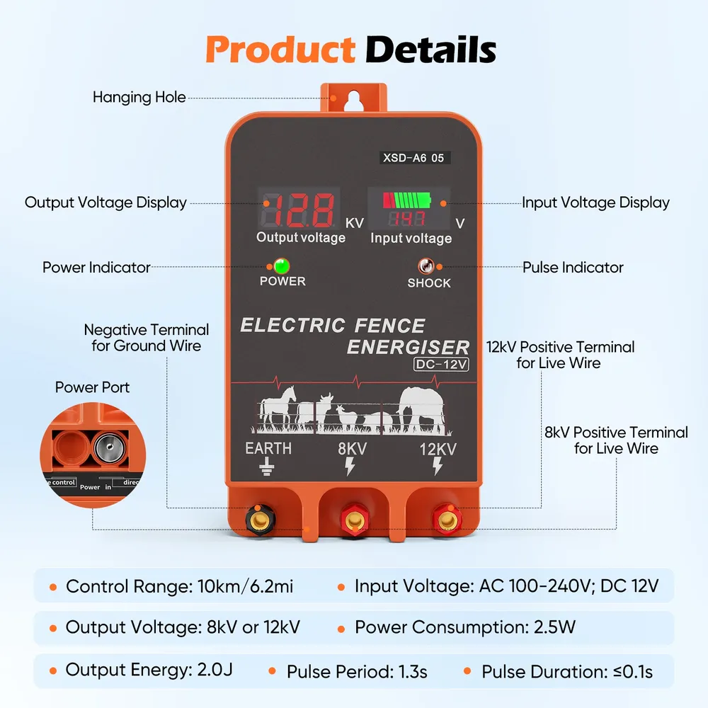 Électrificateur 10 km, 2 J, écran LCD, 12 V pour élevage