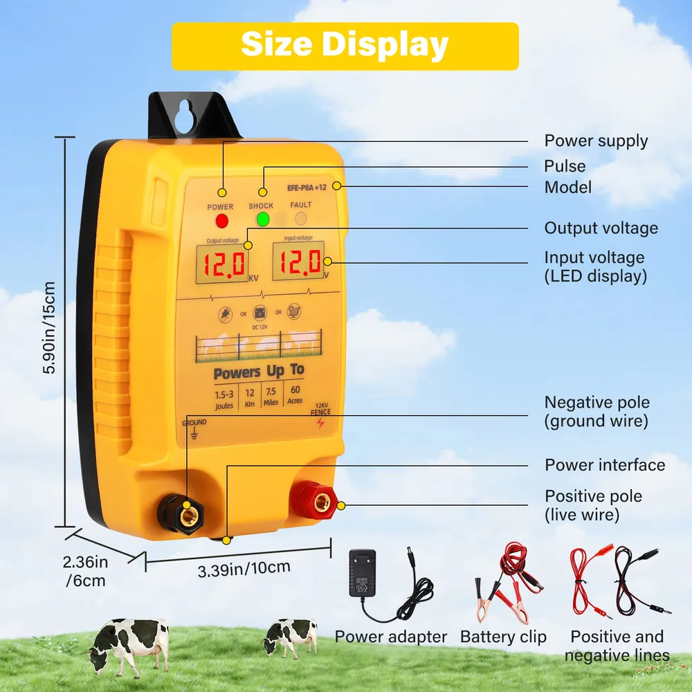 Électrificateur 12 km, 3 J, chargeur agricole portable AC