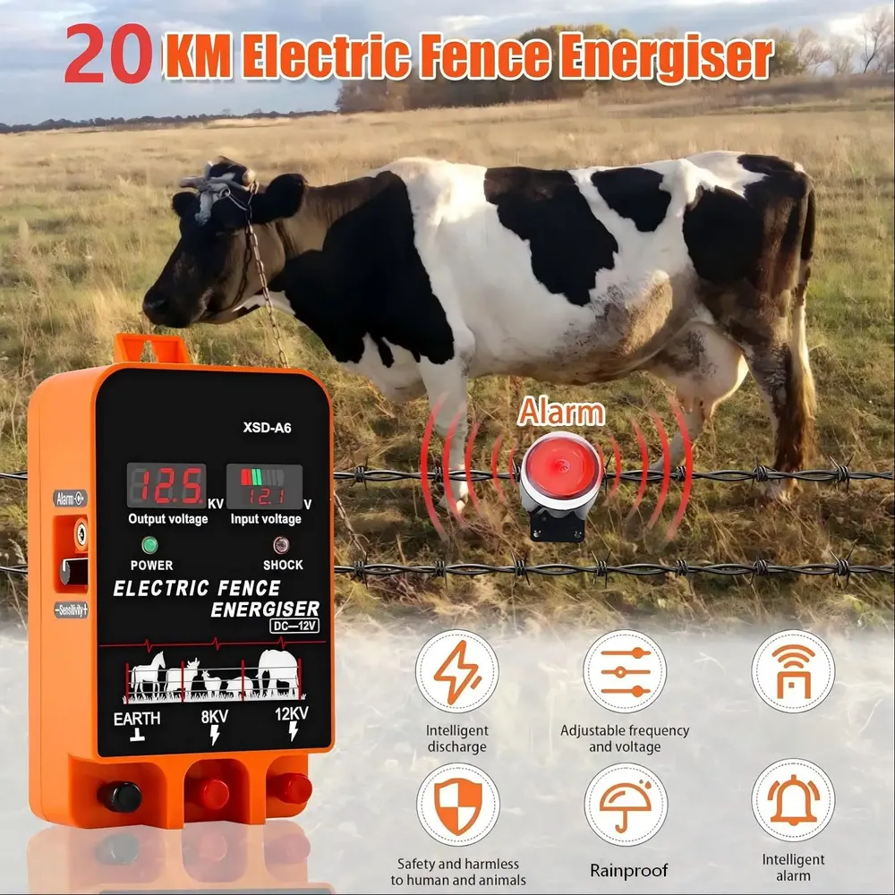 Électrificateur 20 km, 5,5 J, écran LCD, contrôleur bétail 12 V