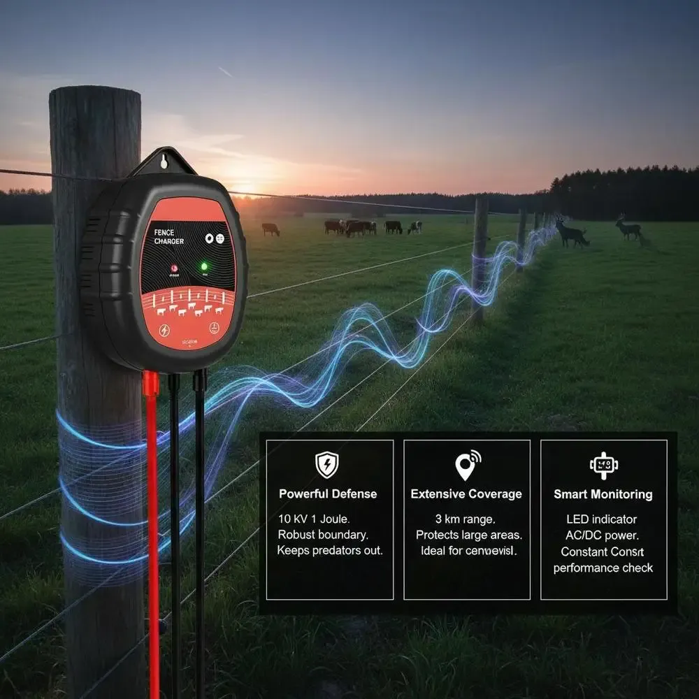 Électrificateur de clôture 10 kV, 1 J, alimentation AC/DC, 3 km