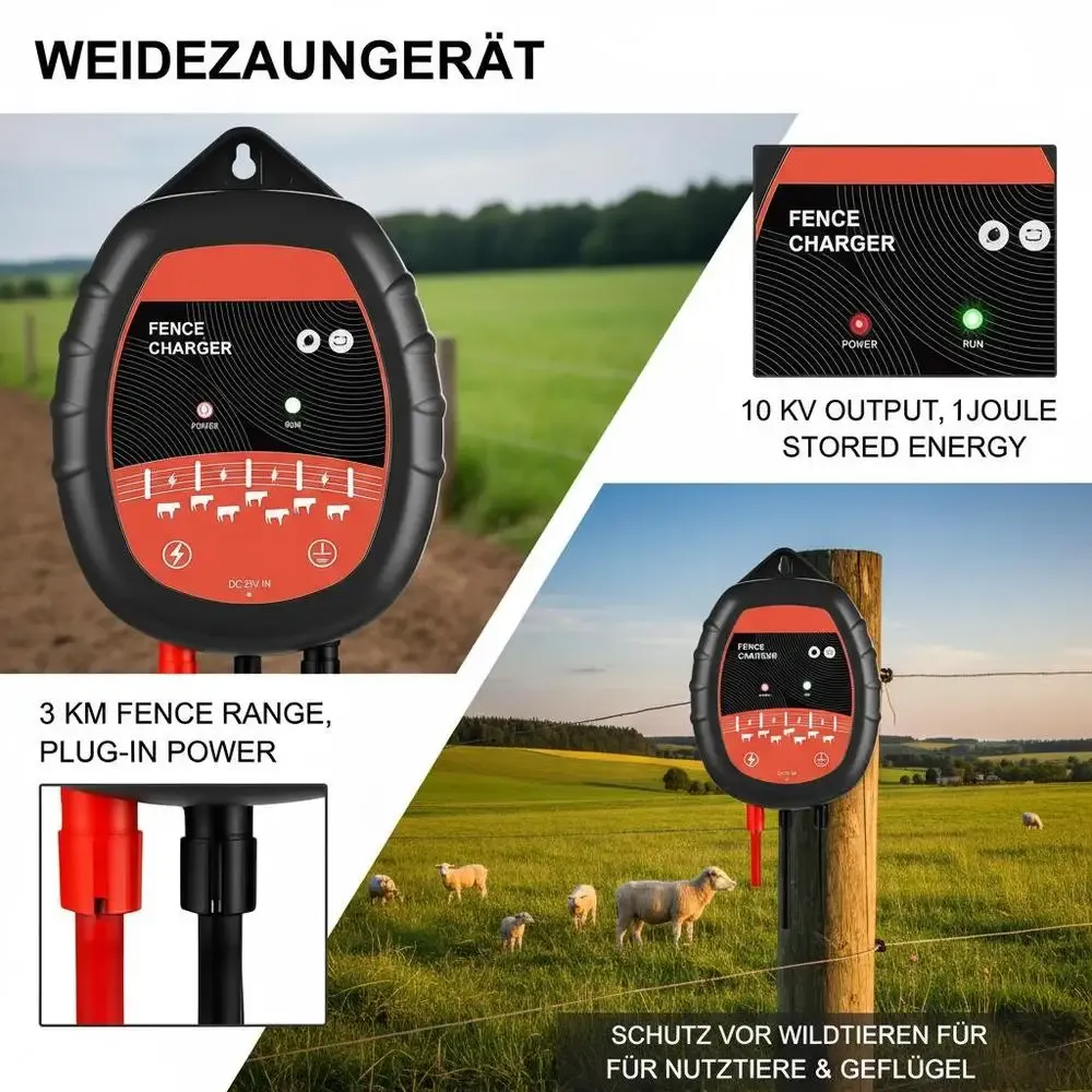 Électrificateur de clôture 10 kV, 1 J, alimentation AC/DC, 3 km