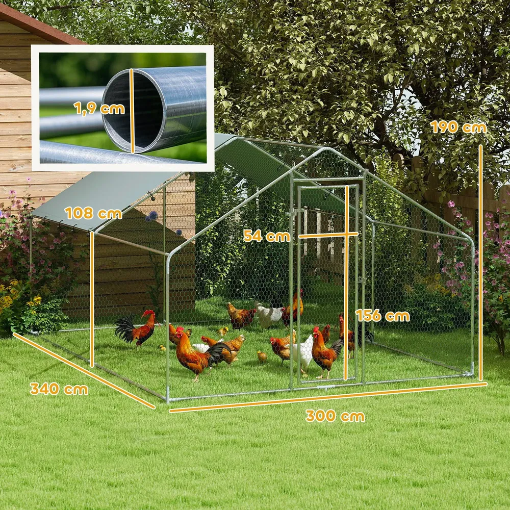 Grand poulailler métallique avec toit anti-UV pour 10-15 poules
