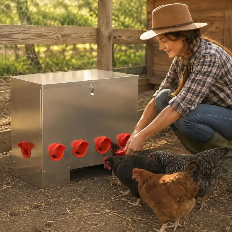 Mangeoire à poulets en acier 25 kg avec bac de stockage