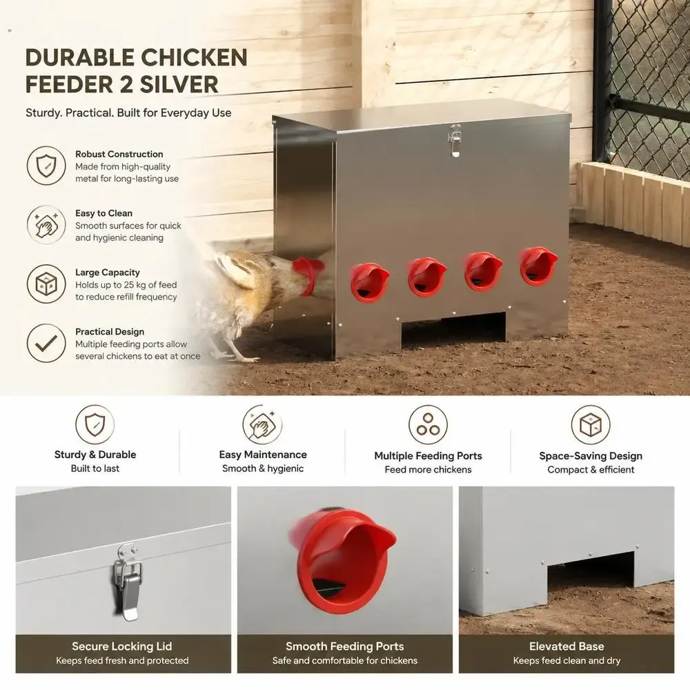 Mangeoire à poulets en acier 25 kg avec bac de stockage