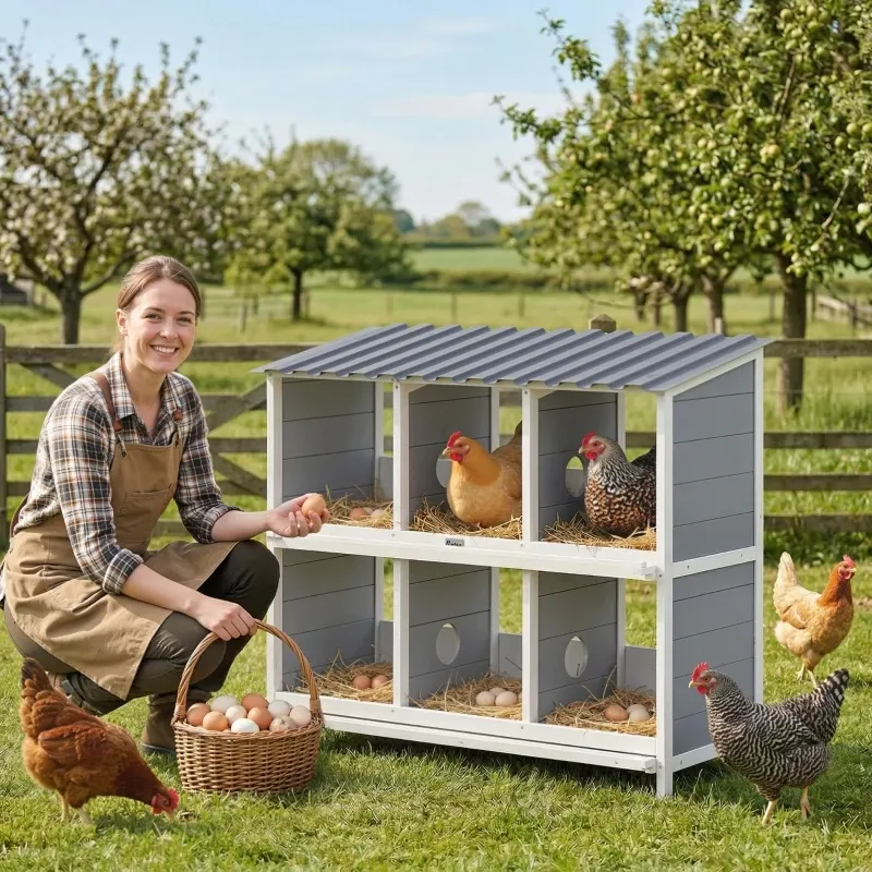Nichoir bois poules 6 compartiments 2 perchoirs 102 cm