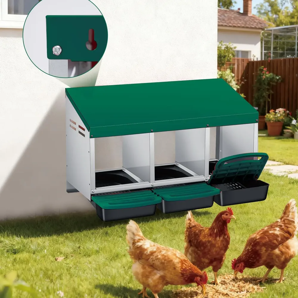 Nichoir poules métal 3 compartiments avec tiroir amovible