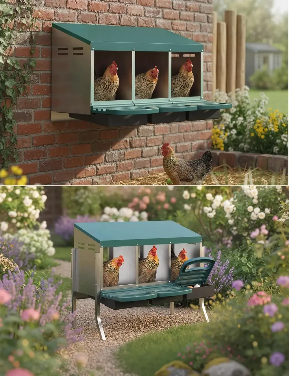 Pondoir poules acier galvanisé 3 compartiments avec plateau récupération