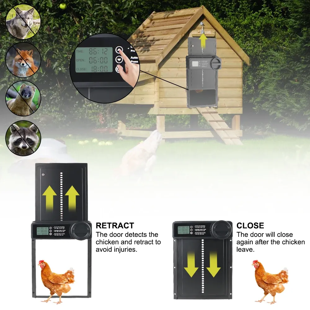 Porte de poulailler automatique rétractable anti-pincement avec écran LCD