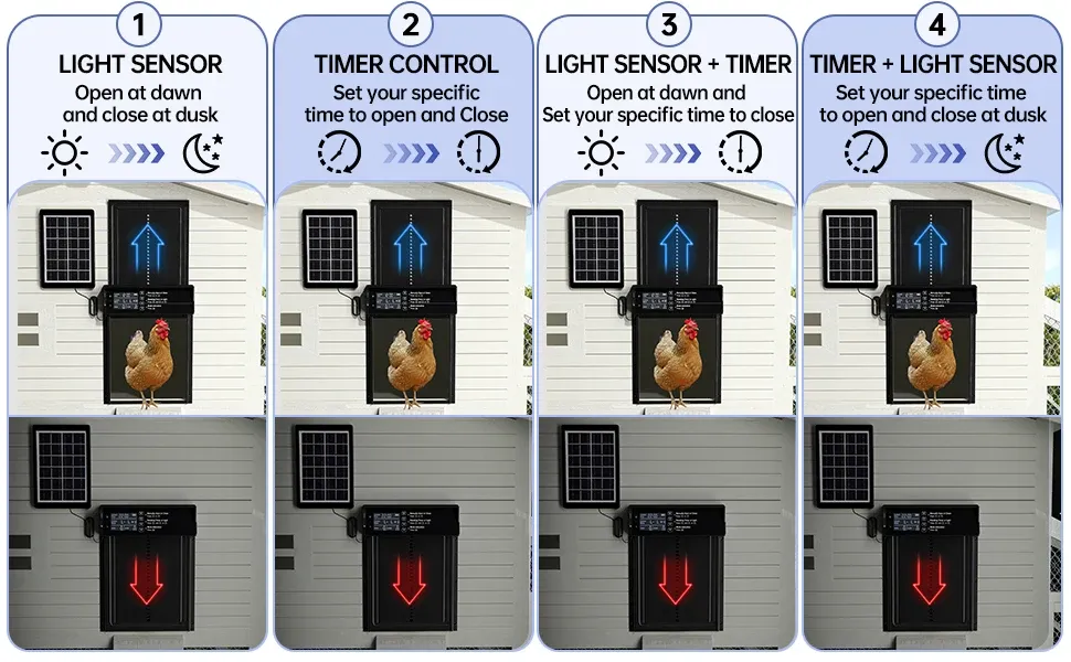 Porte de poulailler solaire 4 modes avec minuterie et capteur lumineux