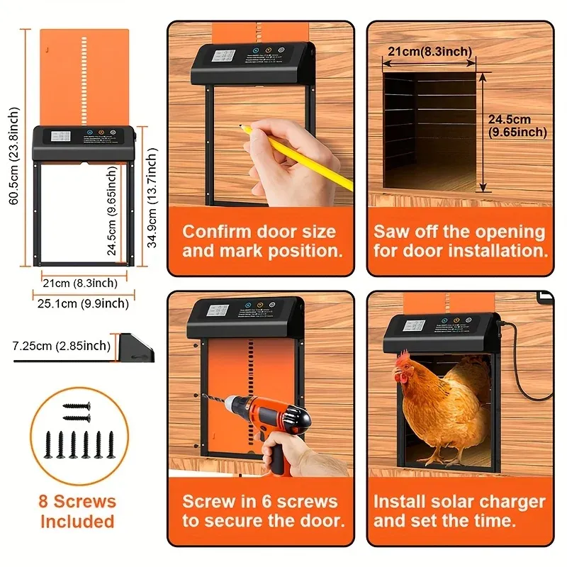 Porte de poulailler solaire 4 modes avec minuterie et capteur de lumière