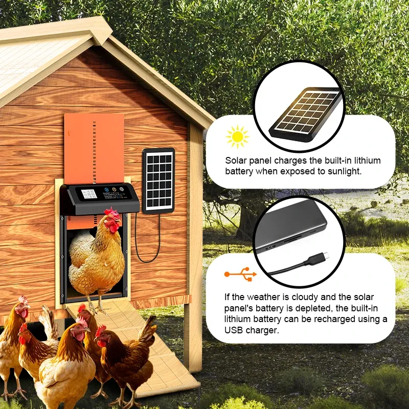 Porte de poulailler solaire 4 modes avec minuterie et capteur de lumière