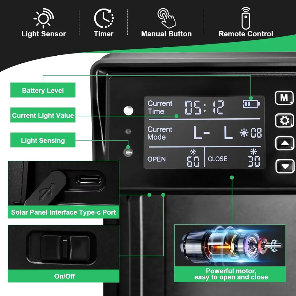 Porte de poulailler solaire 4 modes résistante aux intempéries avec minuterie