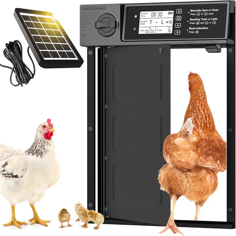 Porte de poulailler solaire en aluminium avec capteur de lumière et minuterie