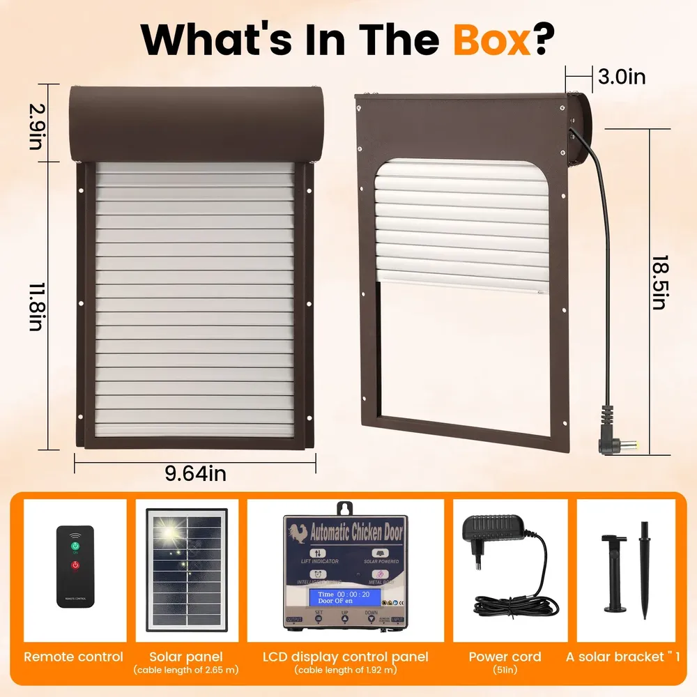 Porte de poulailler solaire en aluminium avec écran LCD, minuterie et télécommande