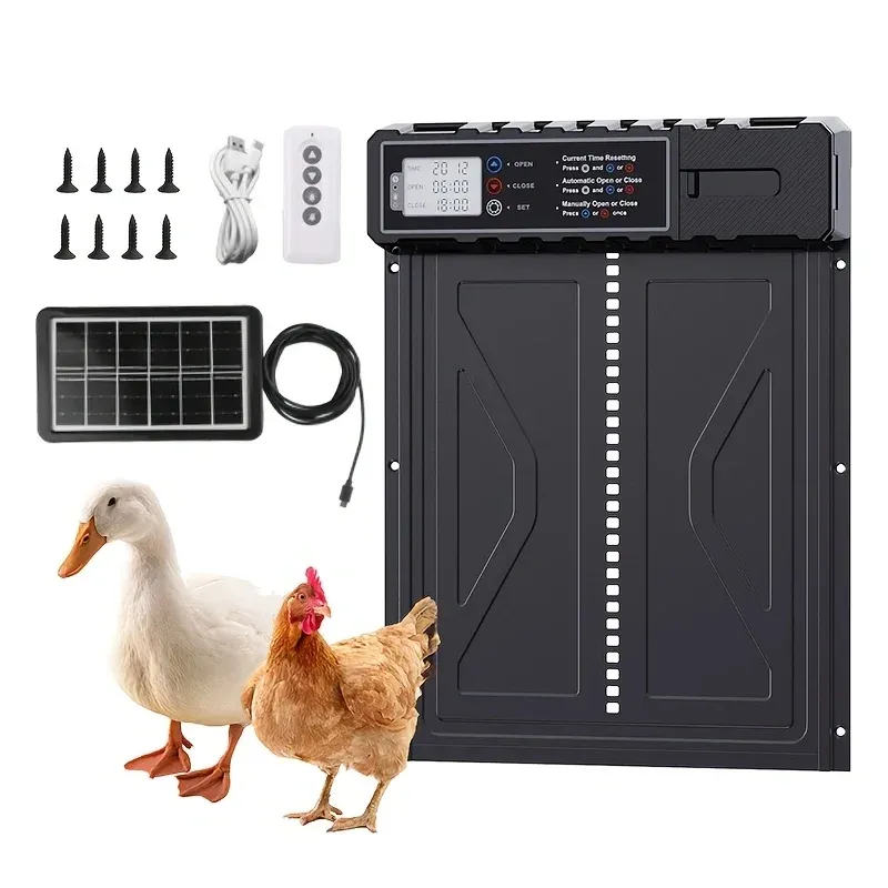 Porte de poulailler solaire en aluminium avec minuterie et télécommande LCD