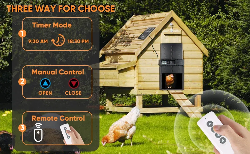 Porte de poulailler solaire en aluminium avec minuterie et télécommande LCD