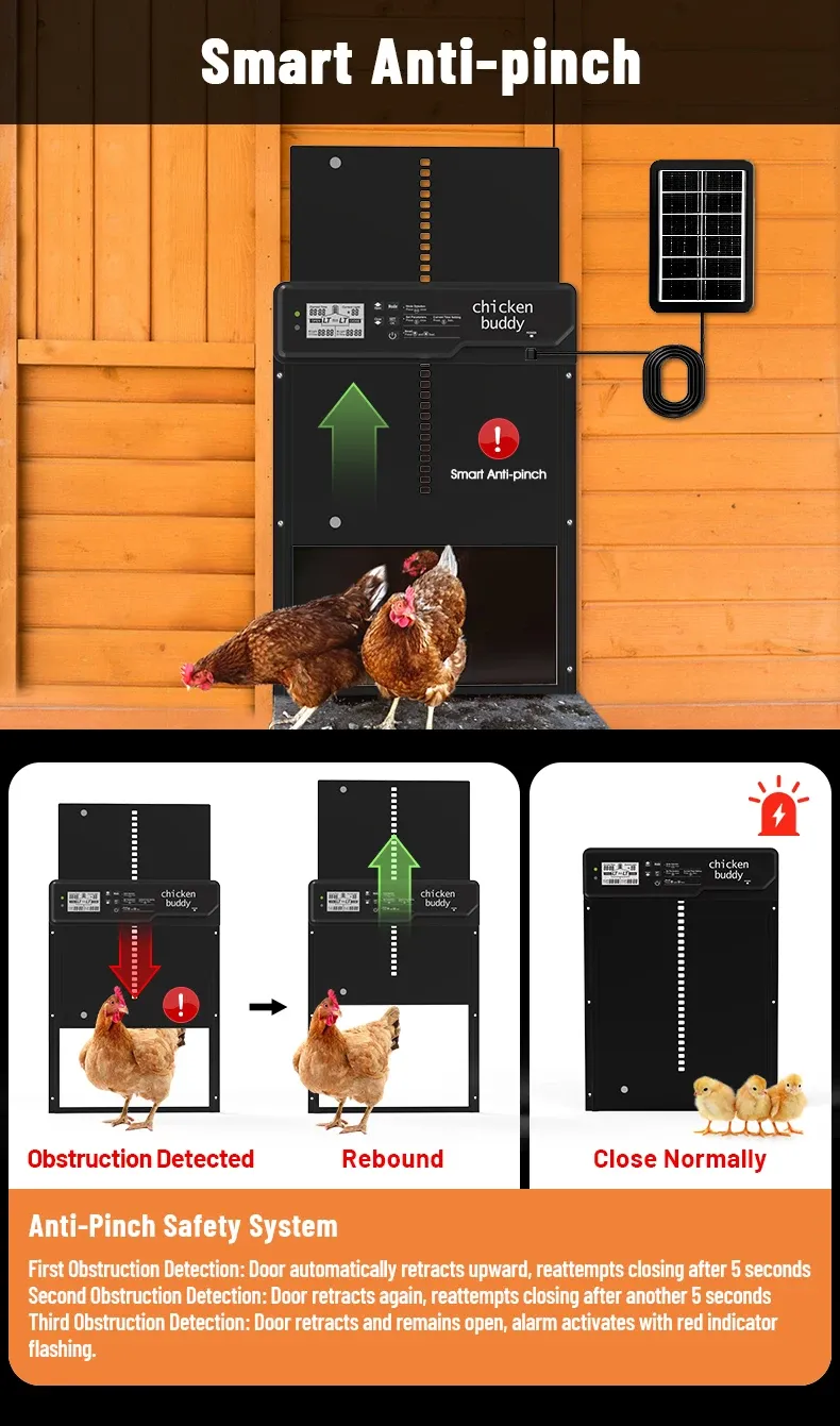 Porte de poulailler solaire intelligente anti-pincement avec minuterie