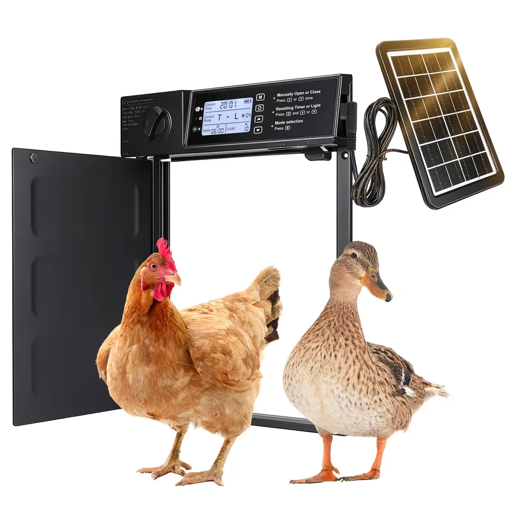 Porte de poulailler solaire pivotante anti-pincement avec minuterie