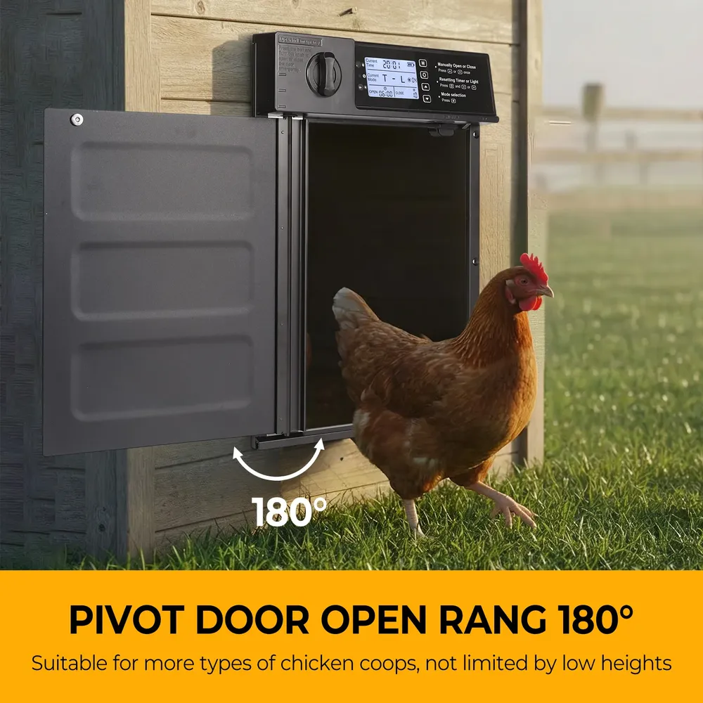 Porte de poulailler solaire pivotante anti-pincement avec minuterie