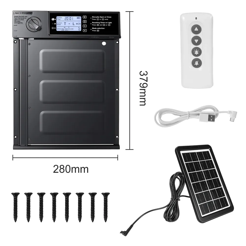 Porte de poulailler solaire pivotante anti-pincement avec minuterie