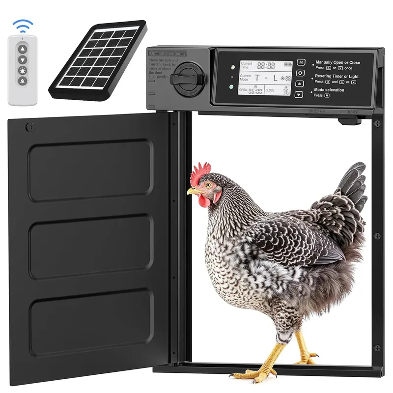 Porte de poulailler solaire pivotante anti-pincement avec minuterie