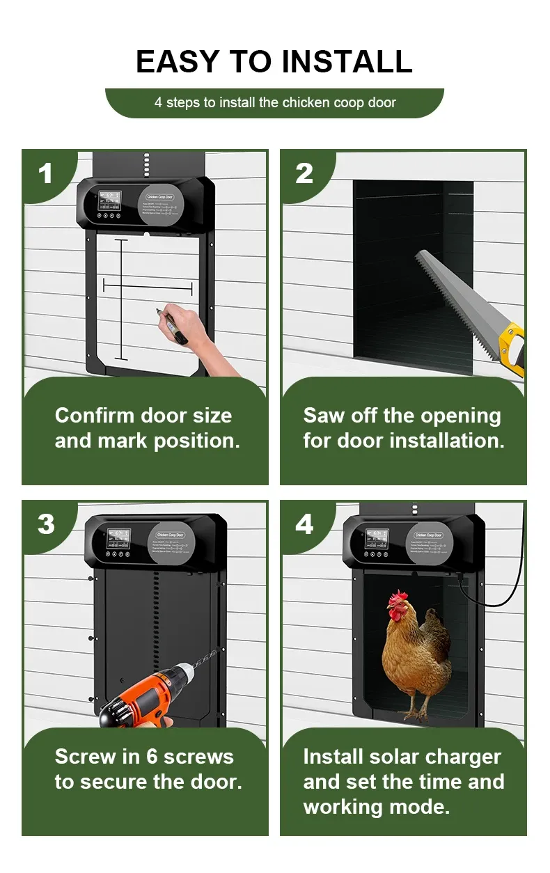 Porte de poulailler solaire XL avec écran LCD, minuterie et télécommande