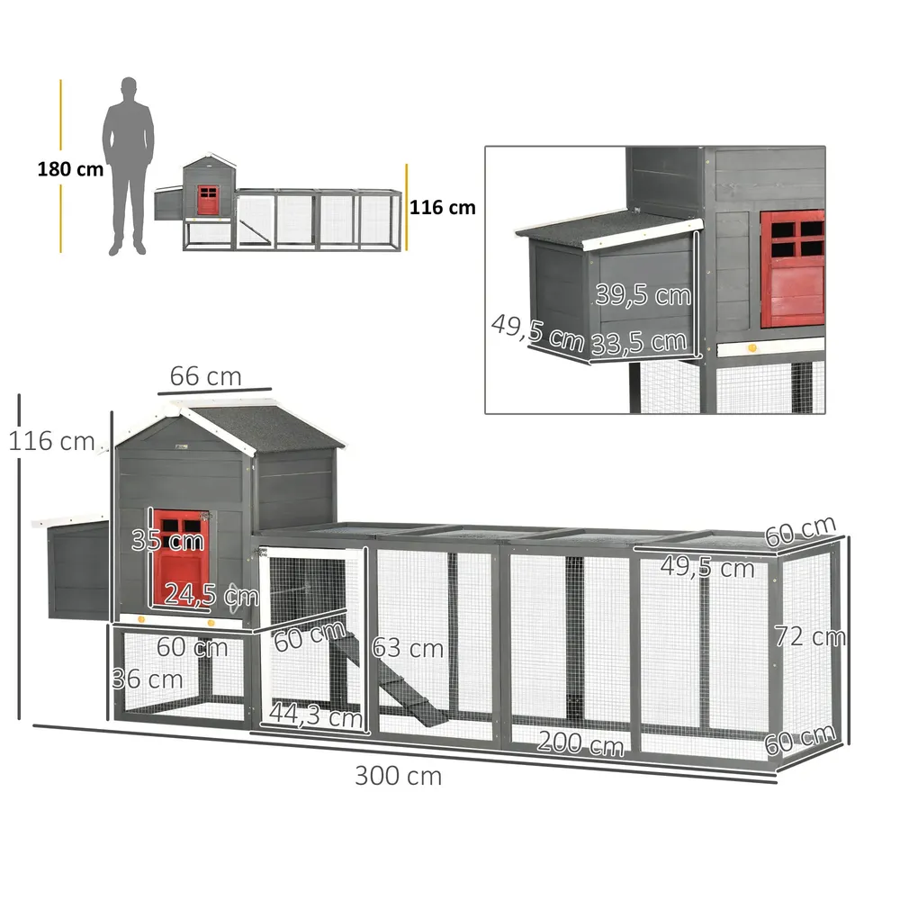 Poulailler bois 300x66 cm avec enclos nidification