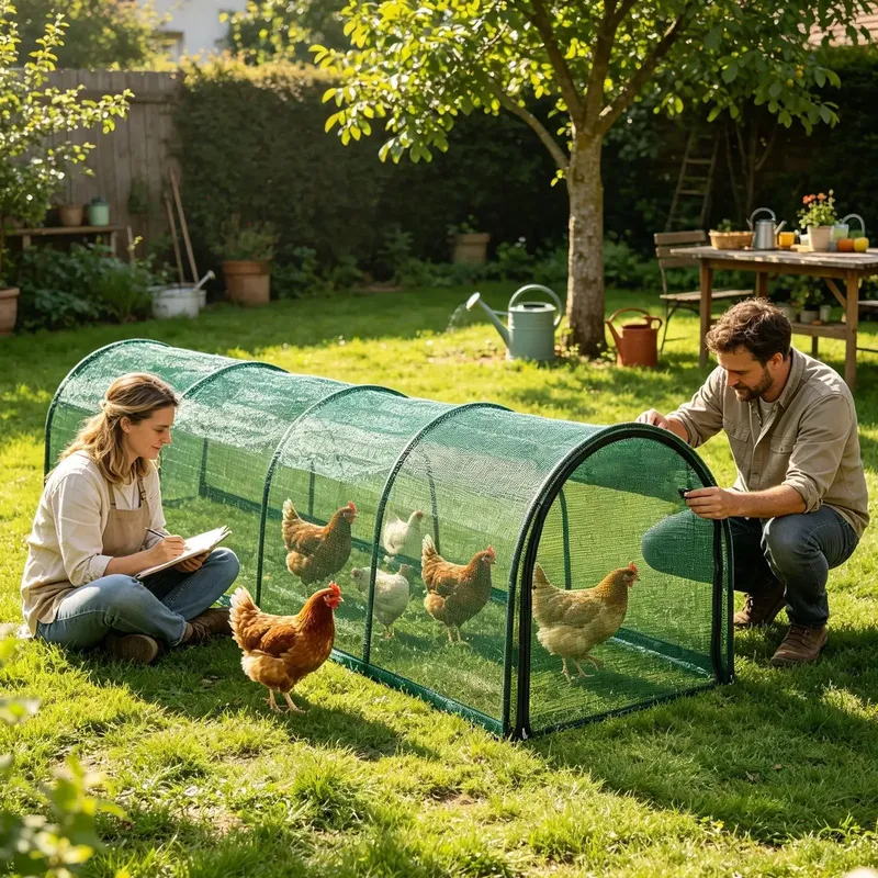Tunnel pliable pour poulailler avec filet d'ombrage
